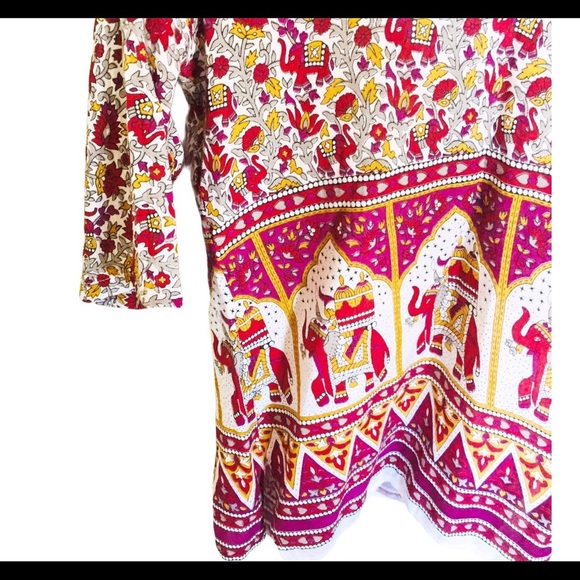 BOHO Vintage Floral Elephant TUNIC/TOP With 3/4 Length Sleeves Red/Purple Small - Picture 5 of 10
